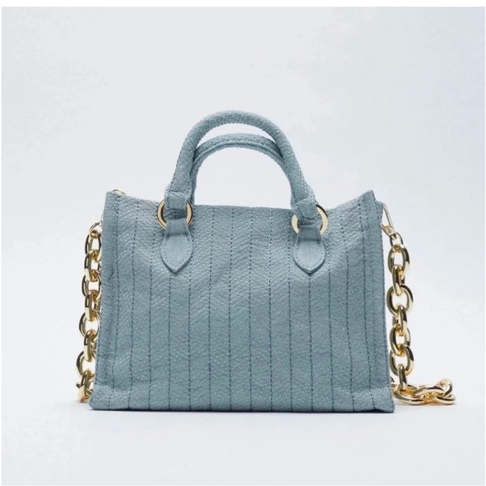 Zara Denim Top Handle Gold Chain Small Tote - NWT